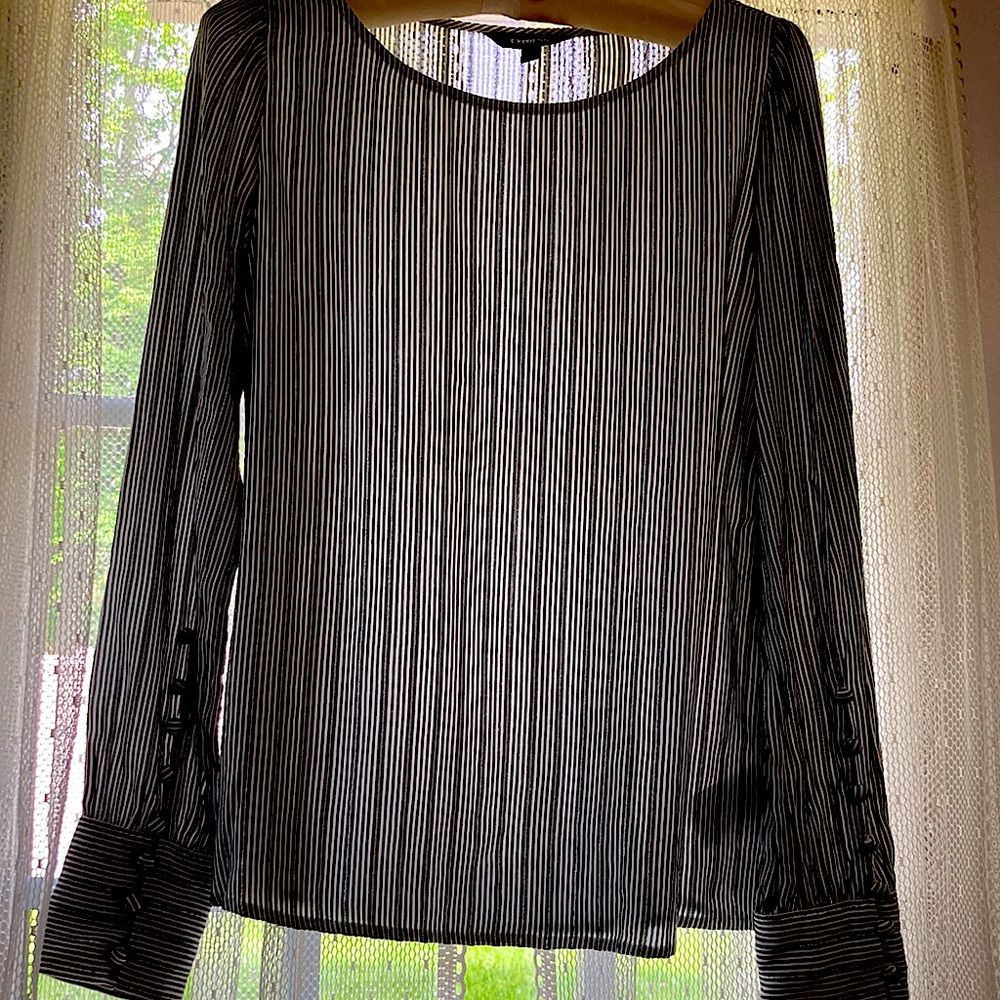 Black/white stripe blouse with button sleeves.  Really adorable on. Size XS